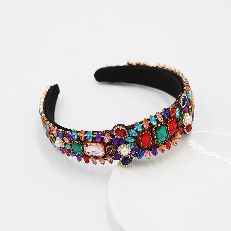 Baroque Pearl Rhinestone Velvet Headband with Glass Bead Accents