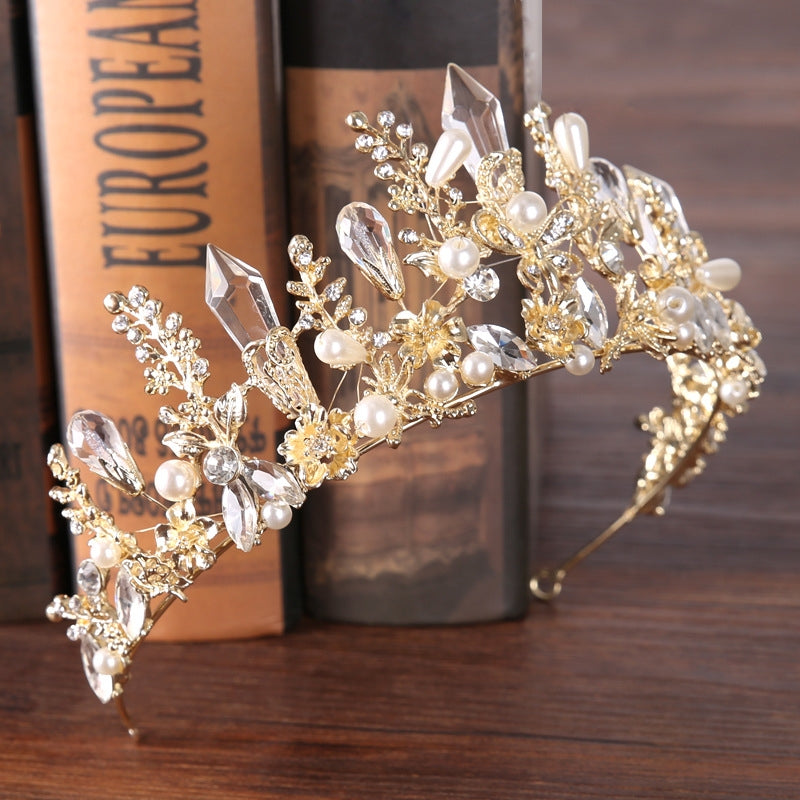 Baroque Crystal Pearl Flower Tiara Headband for Brides and Princesses