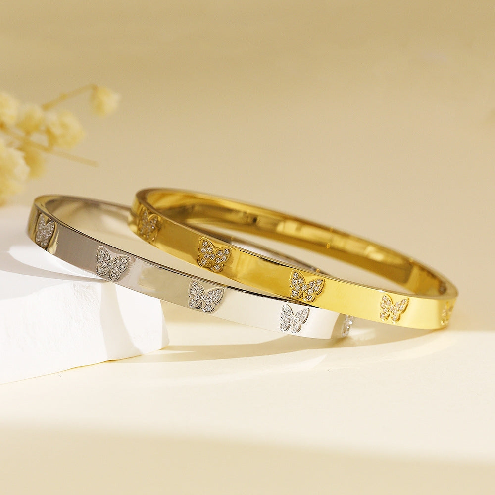 Gold Plated Butterfly Titanium Steel Bangle with Crystal Clasp