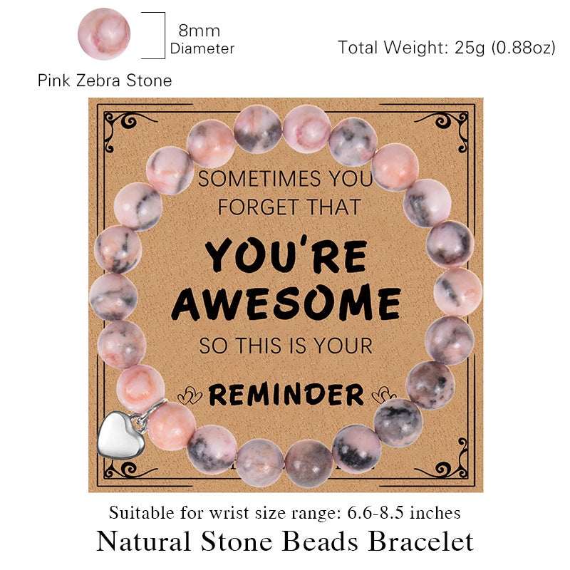 Classic Geometric Natural Stone Bracelet with Love Pendant and 8mm Pink Zebra Stone