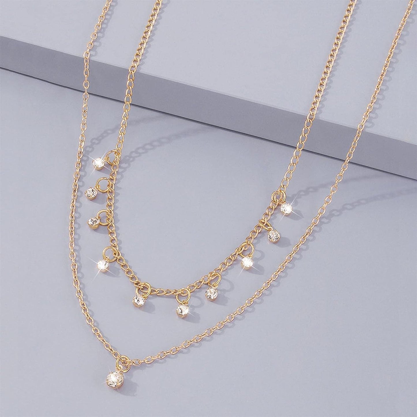 Classic Geometric Rhinestone Double Layer Pendant Necklace