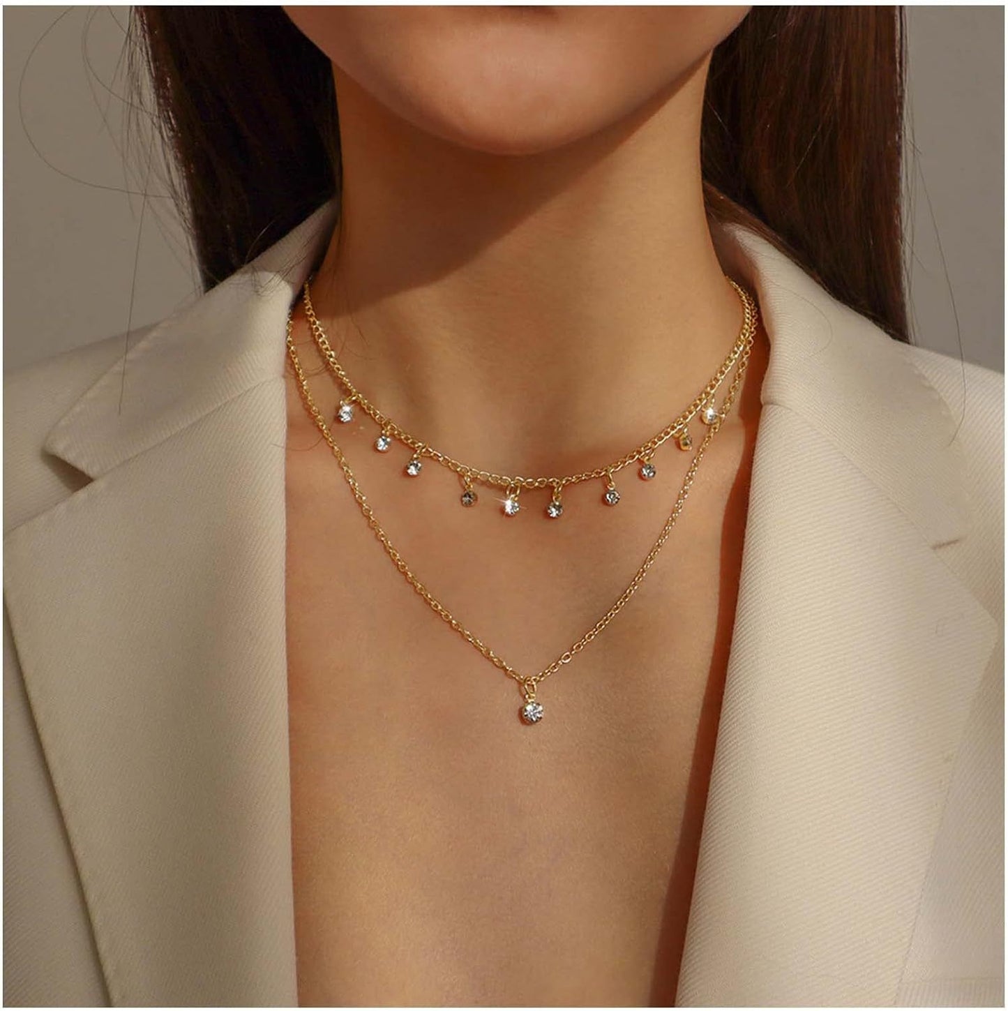 Classic Geometric Rhinestone Double Layer Pendant Necklace