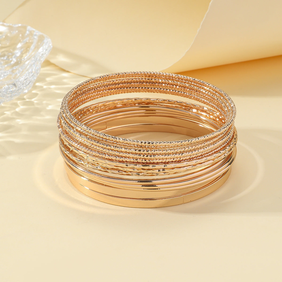 Classic Solid Color Alloy Bangle Set - Gold Tone Wide Cuff Bracelets (14 Pieces)