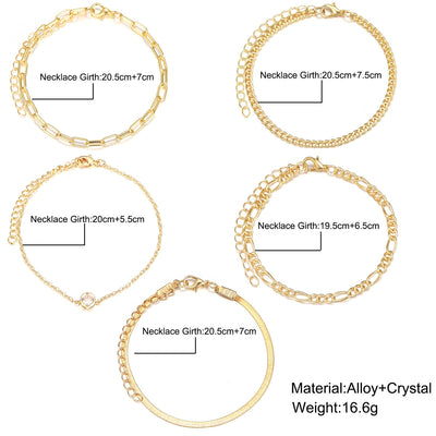 Geometric Alloy Snake Bone Chain Bracelet Set - 5 Piece Multi-Layer Diamond Design for Women