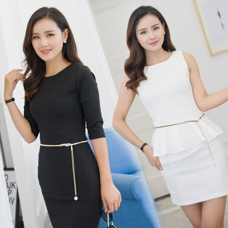 Basic Geometric Metal Chain Belt with Pearl Accent for Women