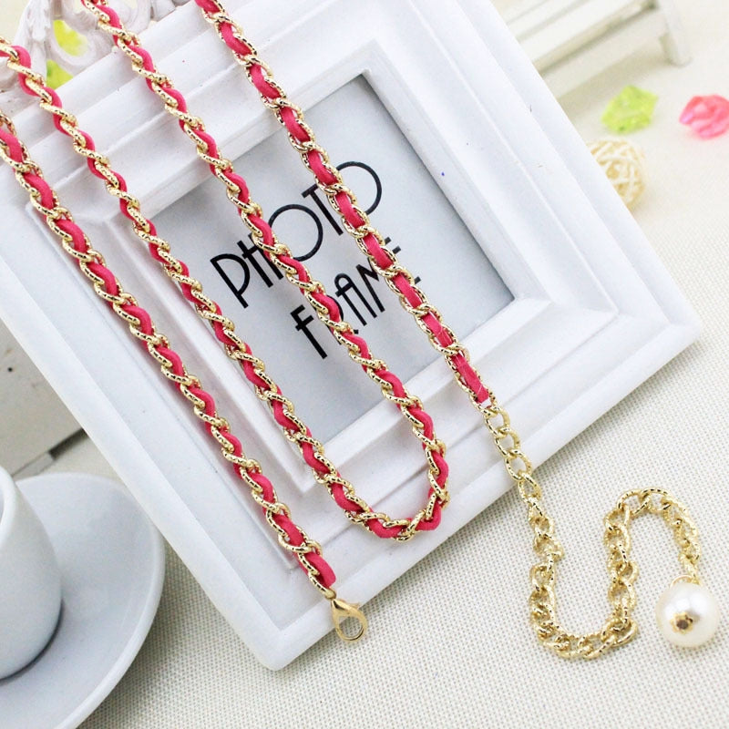 Basic Geometric Metal Chain Belt with Pearl Accent for Women