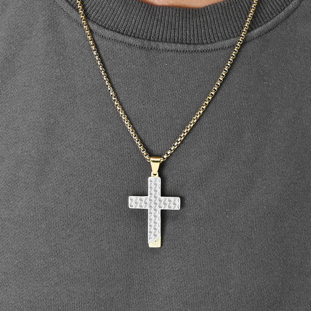 Basic Modern Honeycomb Cross Stainless Steel Men's Pendant Necklace