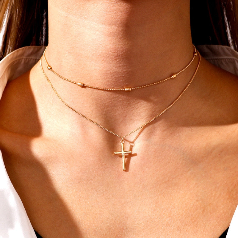 Basic Modern Geometric Cross Double Layer Pendant Necklace