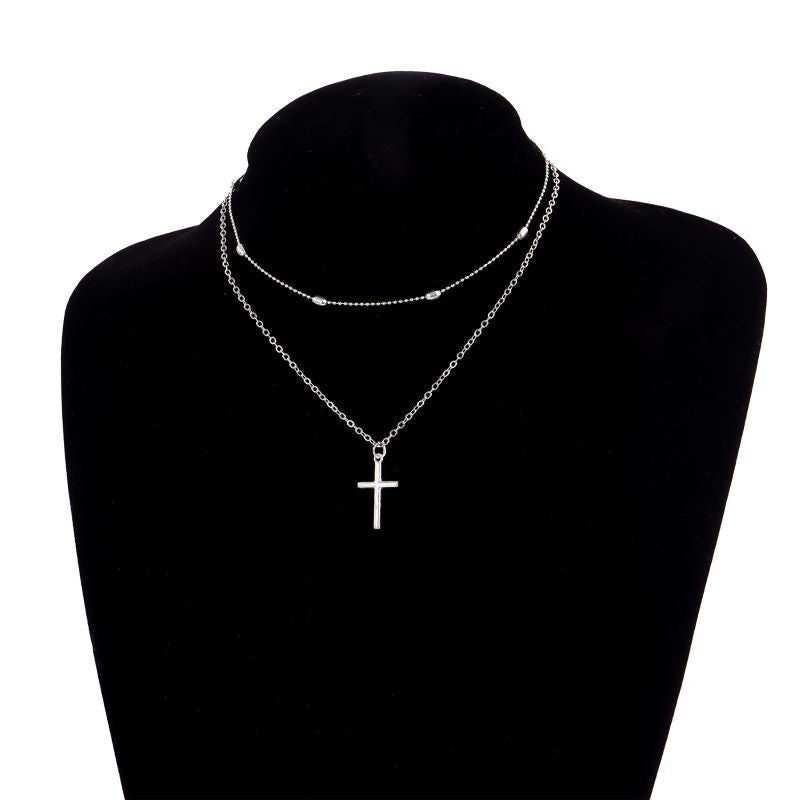 Basic Modern Geometric Cross Double Layer Pendant Necklace