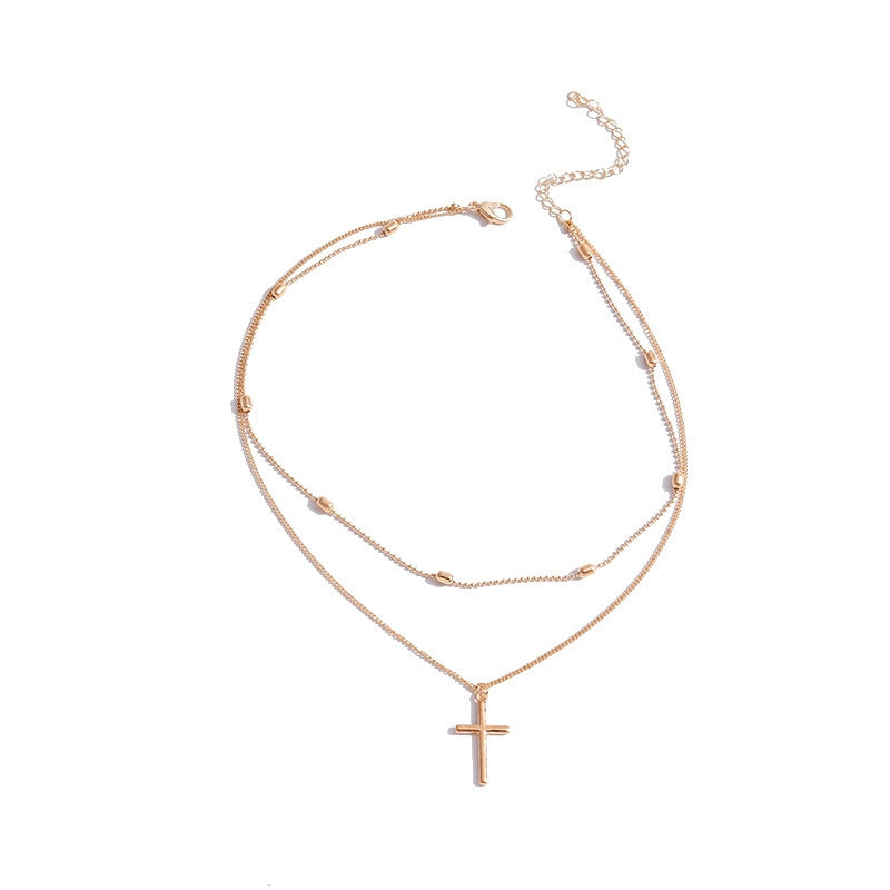 Basic Modern Geometric Cross Double Layer Pendant Necklace