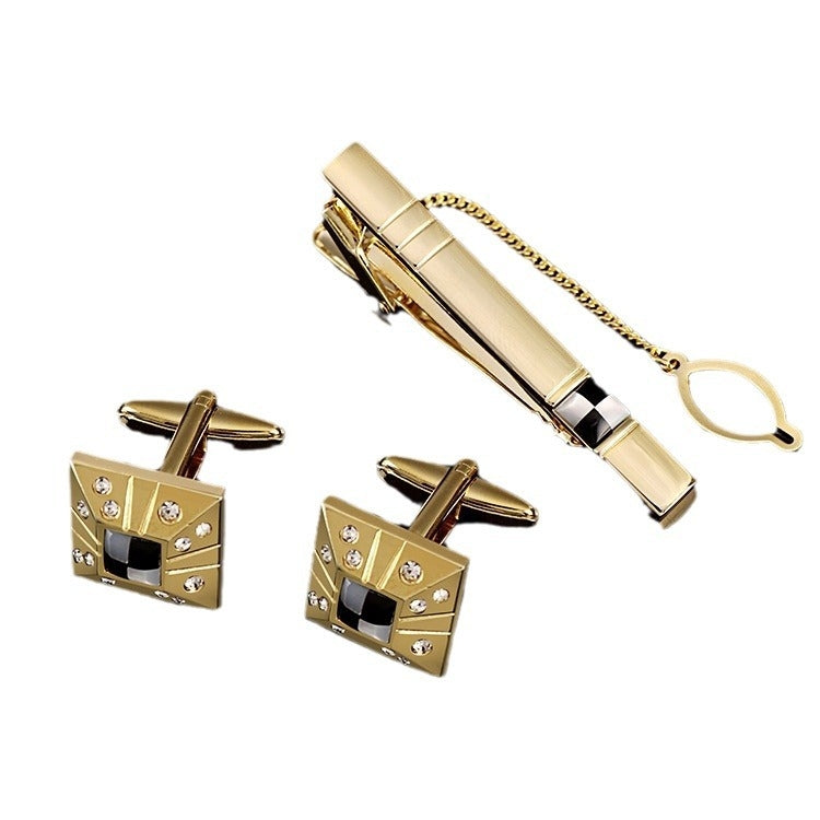 Modern Geometric Copper Unisex Scarf Ring and Zircon Cufflinks Tie Clip Set