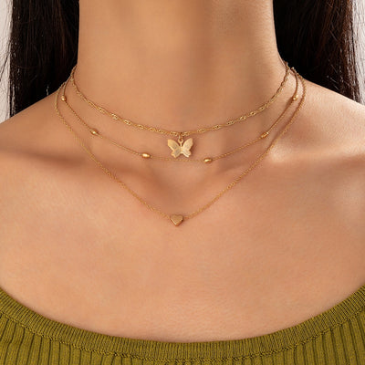 Modern Heart & Butterfly Layered Necklace - Geometric Alloy Design