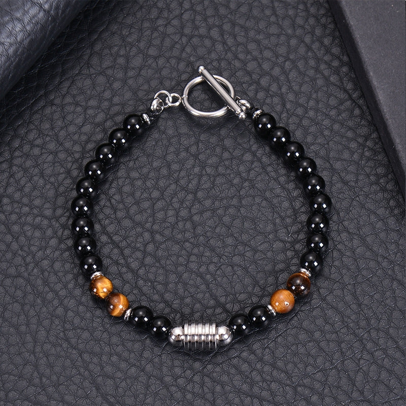 6mm Obsidian and Tiger's Eye Geometric Stone Unisex Bracelet with Stainless Steel Clasp