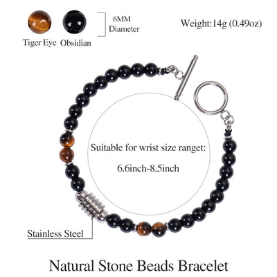 6mm Obsidian and Tiger's Eye Geometric Stone Unisex Bracelet with Stainless Steel Clasp