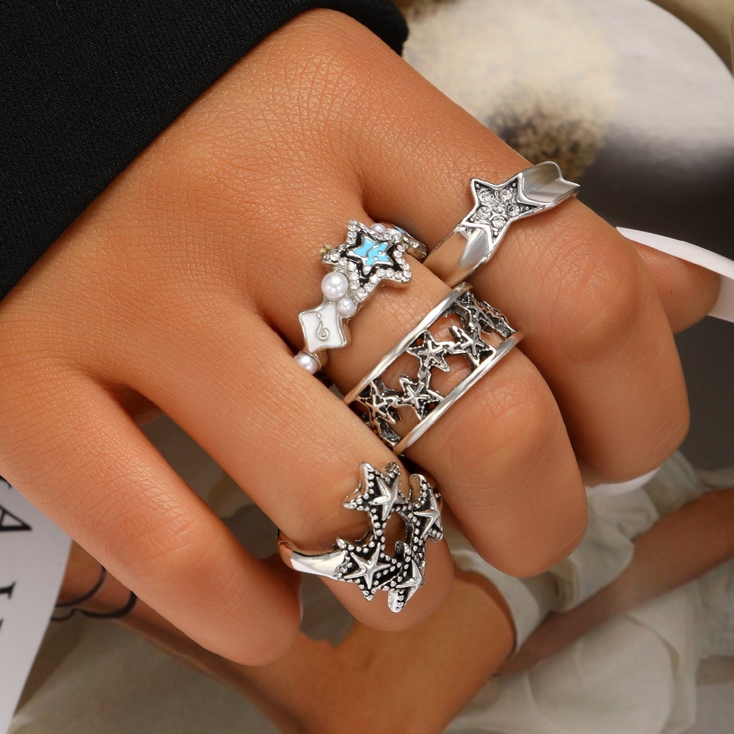 Pentagram Alloy Plated Women's Open Ring Set with Rhinestones