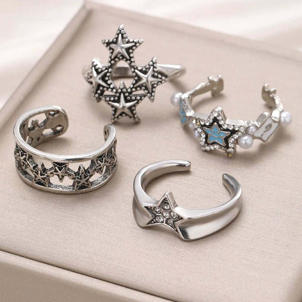 Pentagram Alloy Plated Women's Open Ring Set with Rhinestones