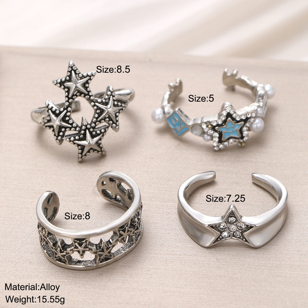 Pentagram Alloy Plated Women's Open Ring Set with Rhinestones