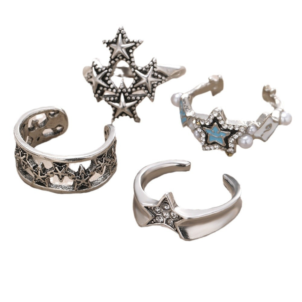 Pentagram Alloy Plated Women's Open Ring Set with Rhinestones