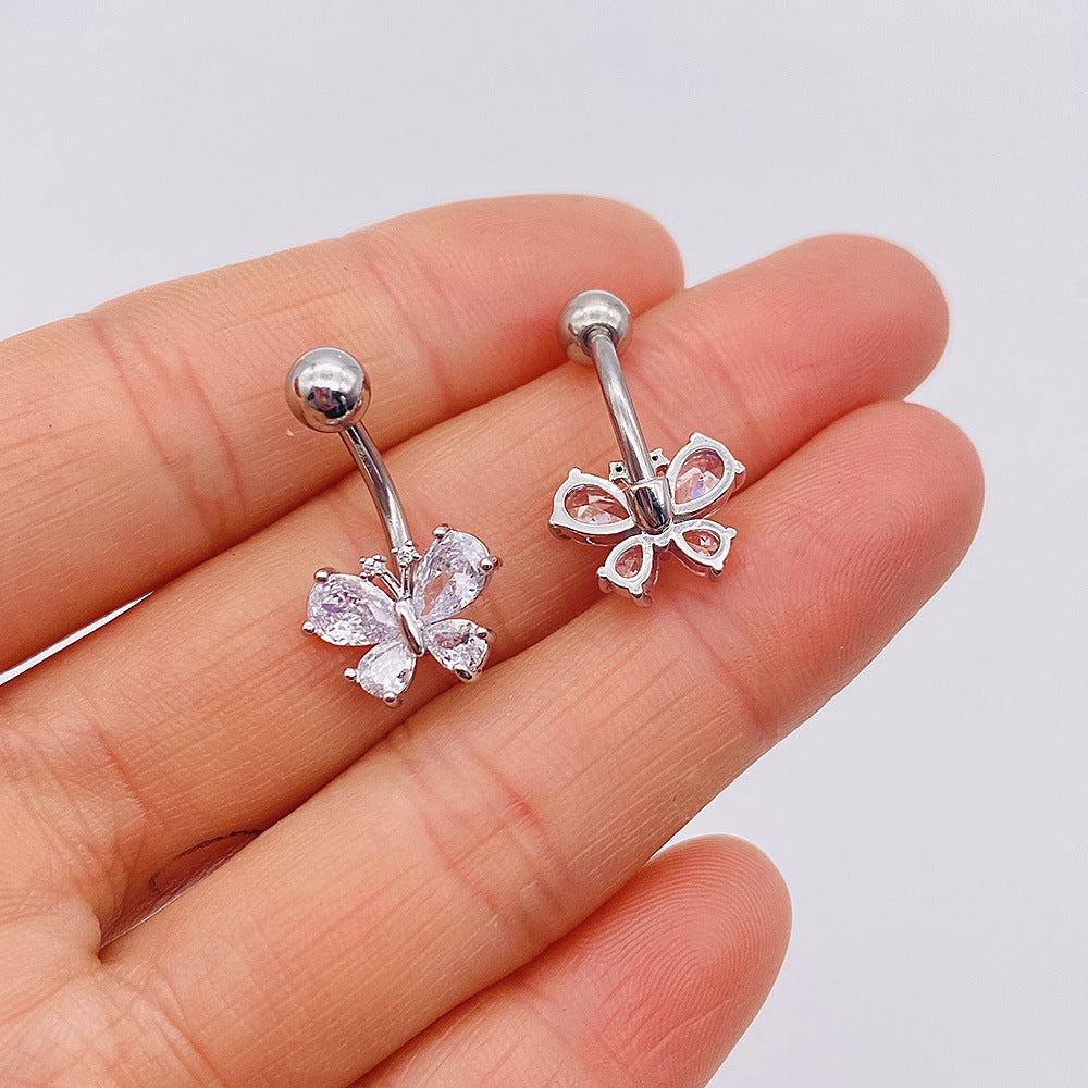 Retro Heart & Butterfly Zircon Stainless Steel Belly Ring