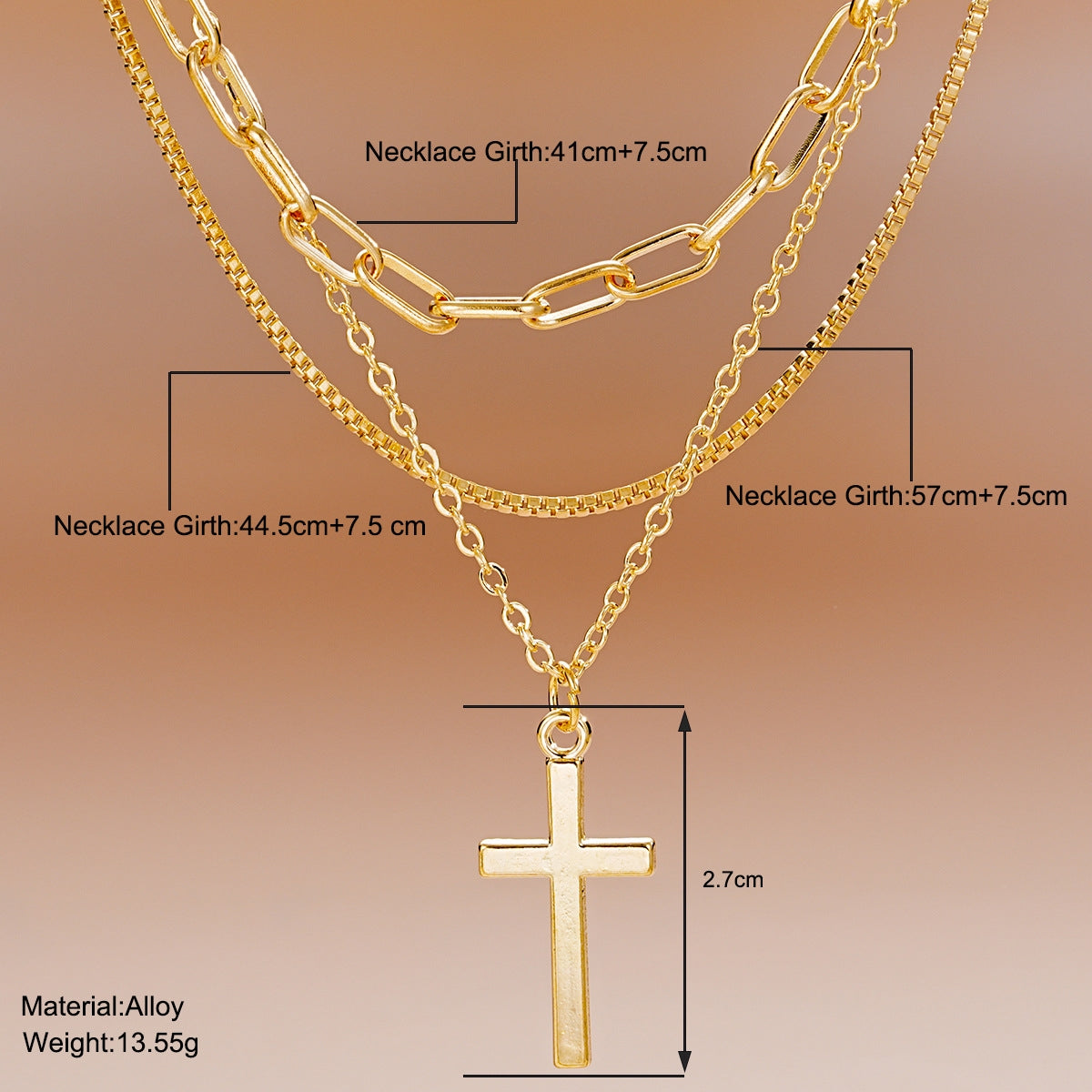 Classic Cross Layered Chain Necklace with Box Chain Pendant