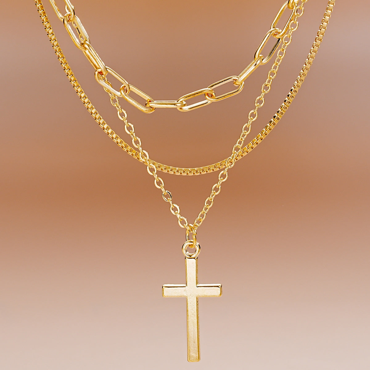 Classic Cross Layered Chain Necklace with Box Chain Pendant