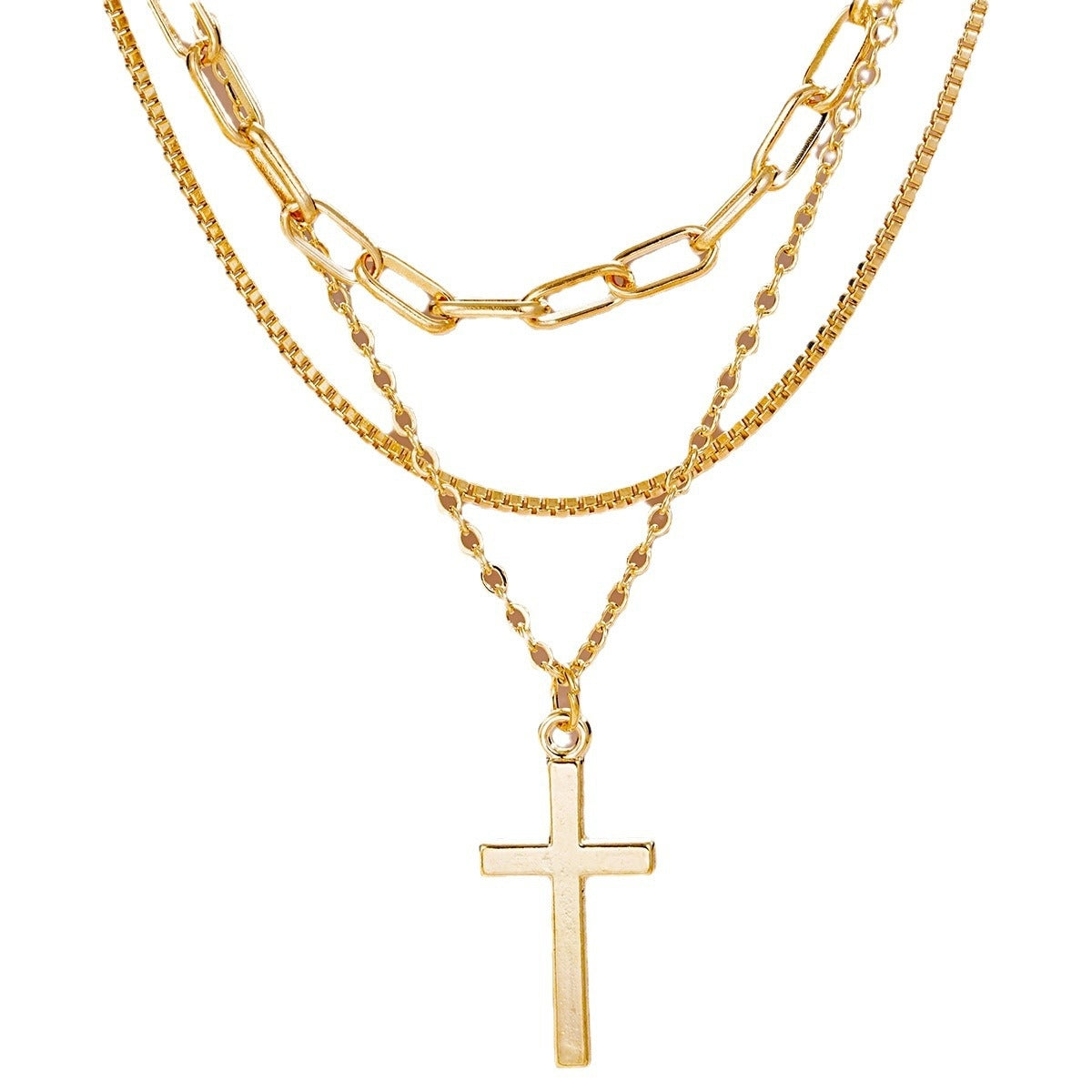 Classic Cross Layered Chain Necklace with Box Chain Pendant