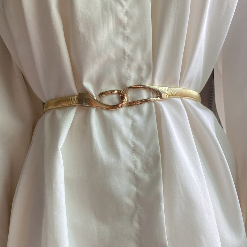 Women's Solid Color Metal Leather Belt with Elastic Hook Waist Chain Accessory