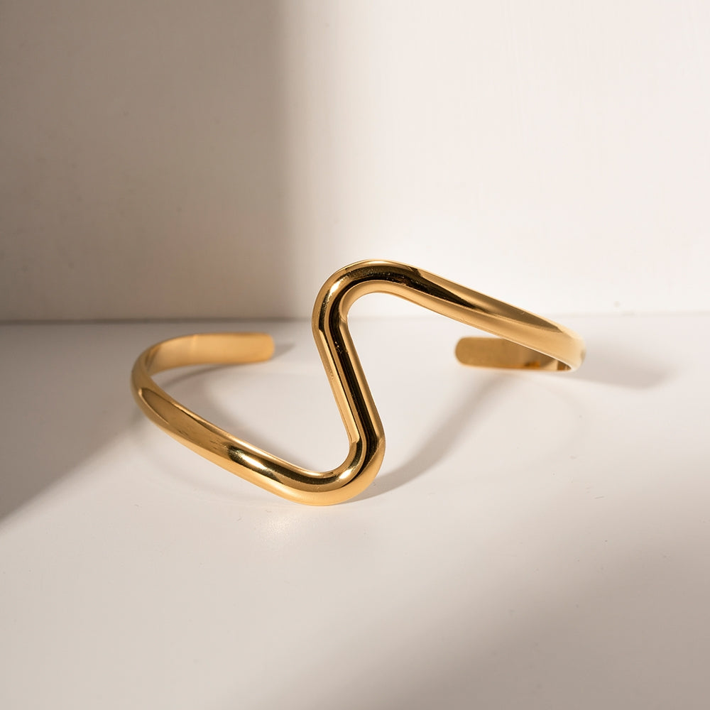 Vintage Irregular Stainless Steel Bangle - Minimalist S Bend 18K Gold Plated Bracelet