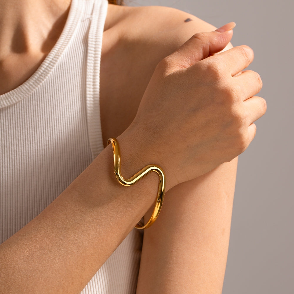 Vintage Irregular Stainless Steel Bangle - Minimalist S Bend 18K Gold Plated Bracelet