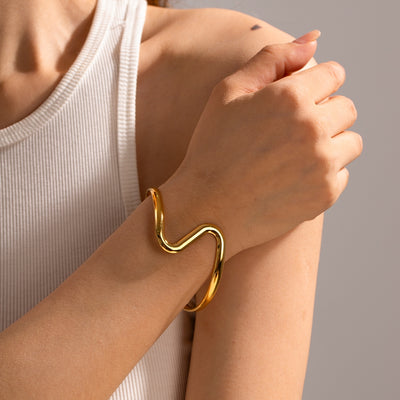 Vintage Irregular Stainless Steel Bangle - Minimalist S Bend 18K Gold Plated Bracelet