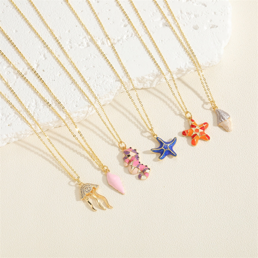 14k Gold Plated Starfish and Shell Zircon Pendant Necklace - Ocean Series