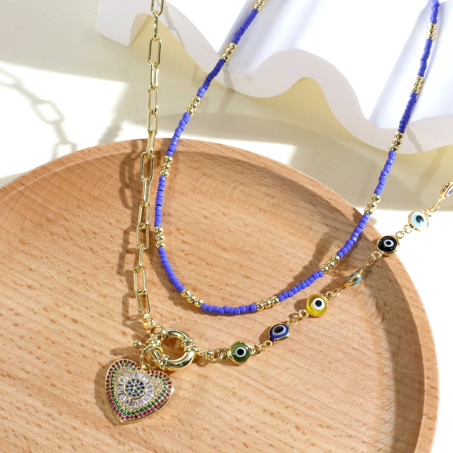 18k Gold Plated Heart & Eye Pendant Necklace with Glass Beads