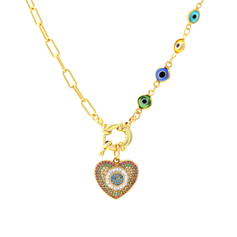 18k Gold Plated Heart & Eye Pendant Necklace with Glass Beads