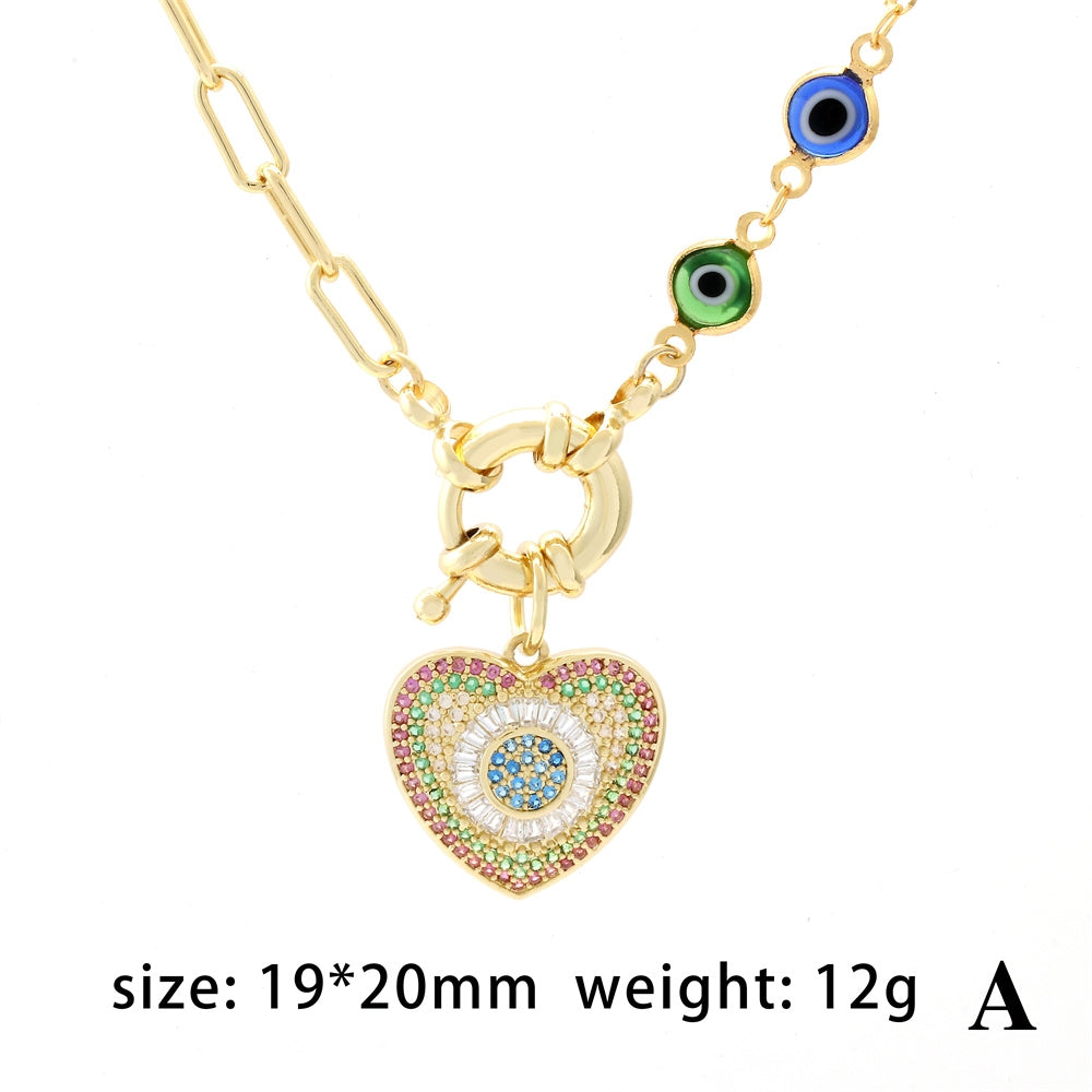 18k Gold Plated Heart & Eye Pendant Necklace with Glass Beads