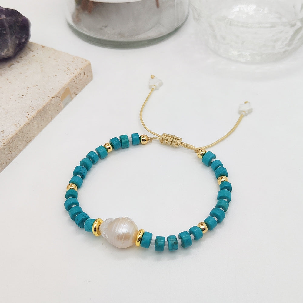 Beach Geometric Turquoise Freshwater Pearl Layered Shell Bracelet