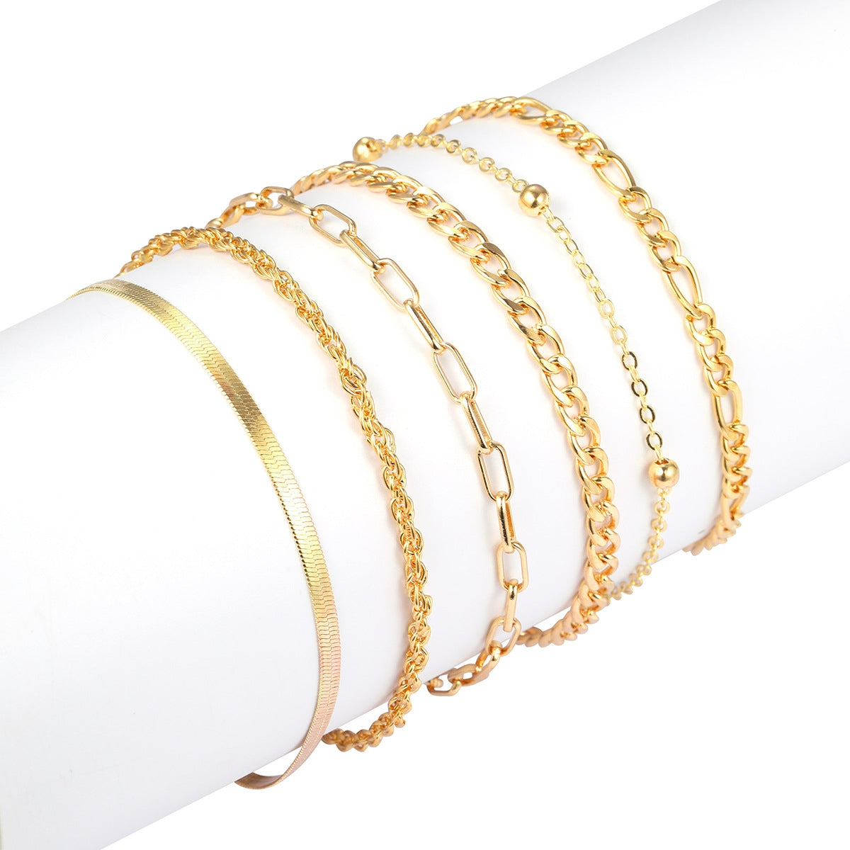 Beach Roman Style Geometric Alloy Layered Anklet Set - 6 Piece Chain and Bead Design