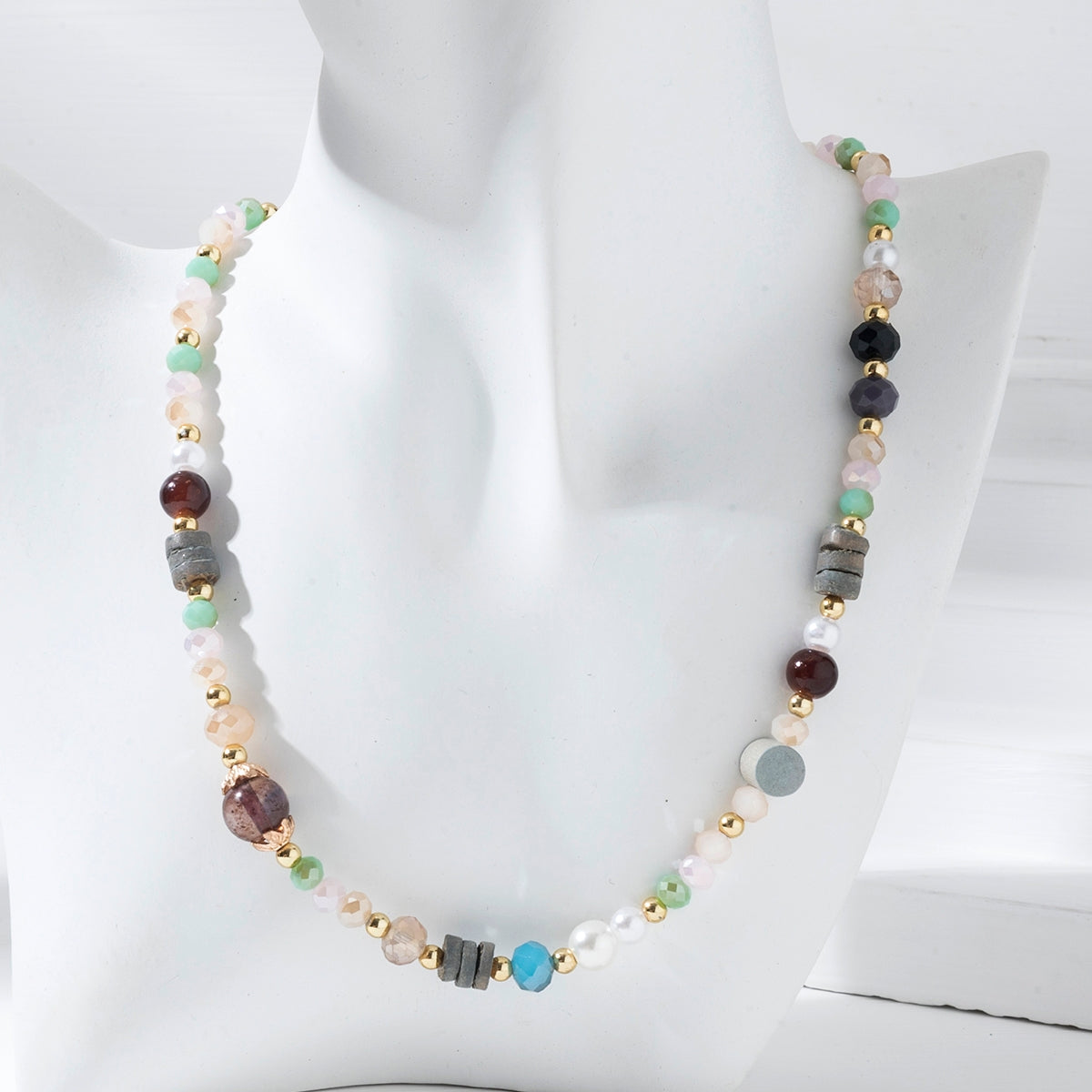 Beach Style Colorful Crystal Beaded Necklace with Freshwater Pearls