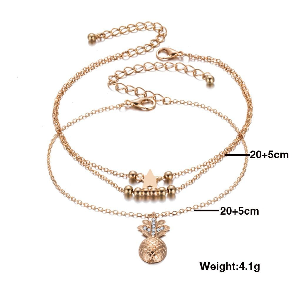 Beach Star Pineapple Rhinestone Anklet and Multi-Layer Round Pendant Necklace Set for Women