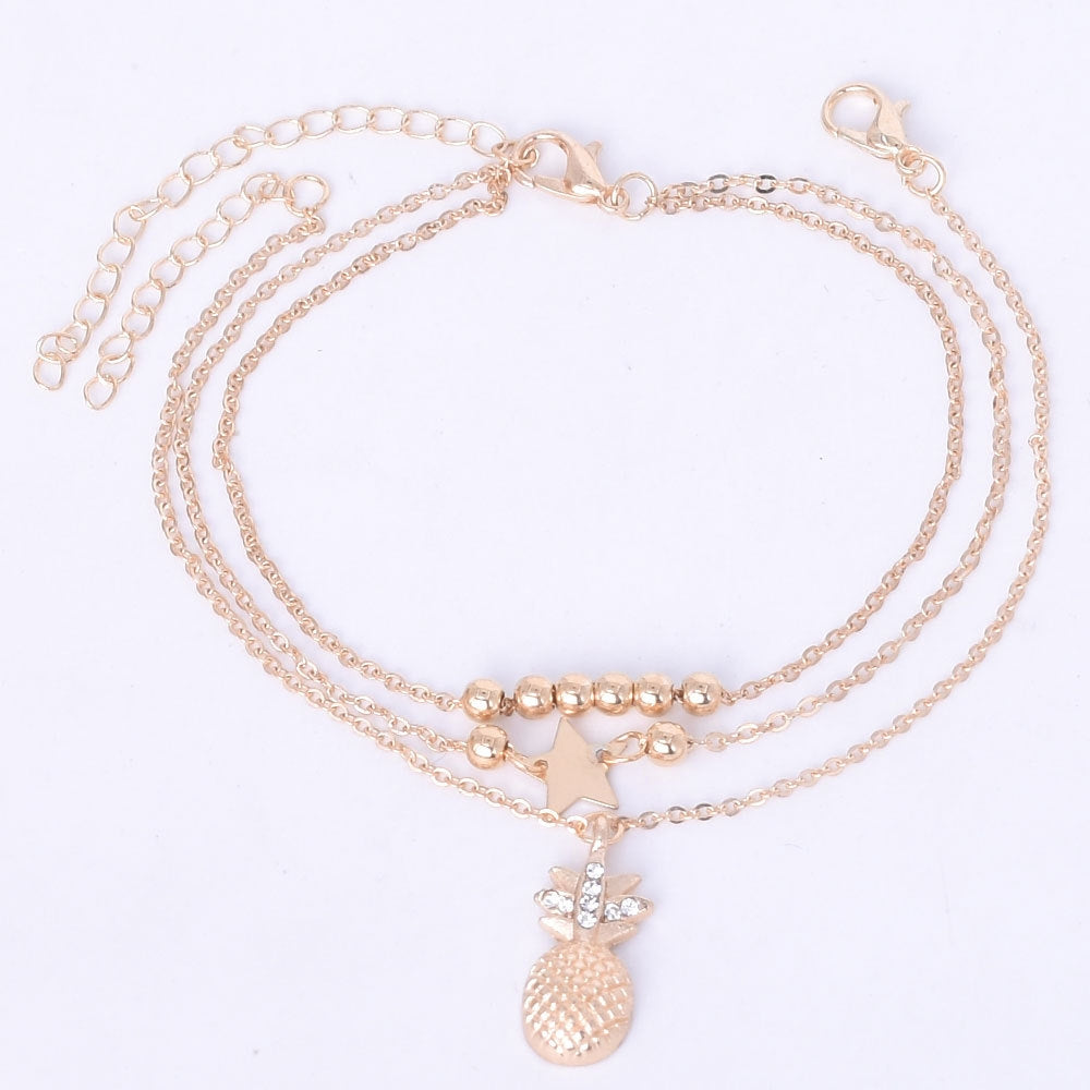 Beach Star Pineapple Rhinestone Anklet and Multi-Layer Round Pendant Necklace Set for Women