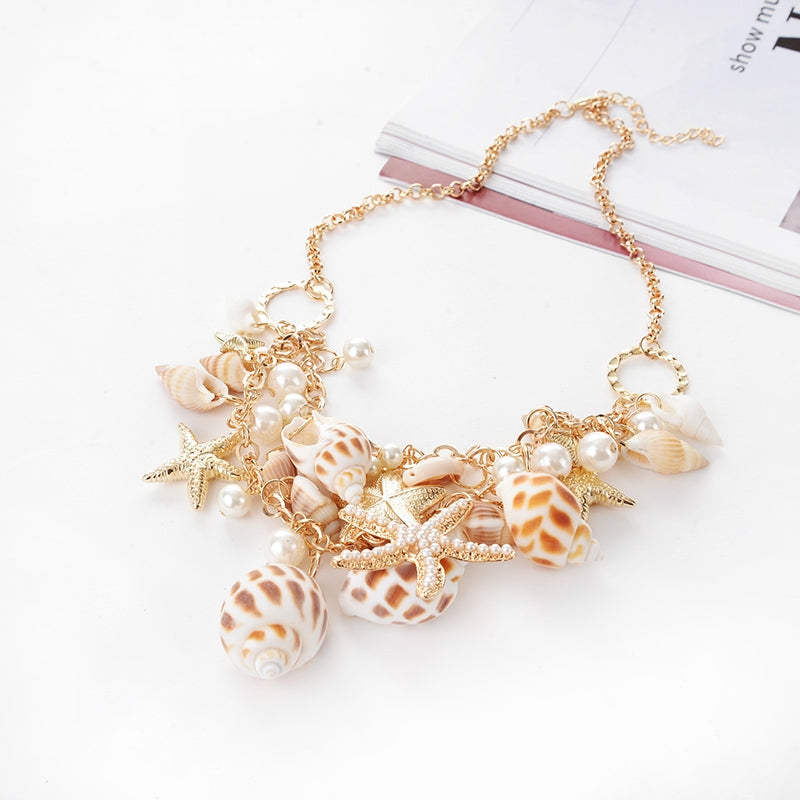 Beach Starfish Conch Alloy Pendant Necklace with Bohemian Shell Bracelet