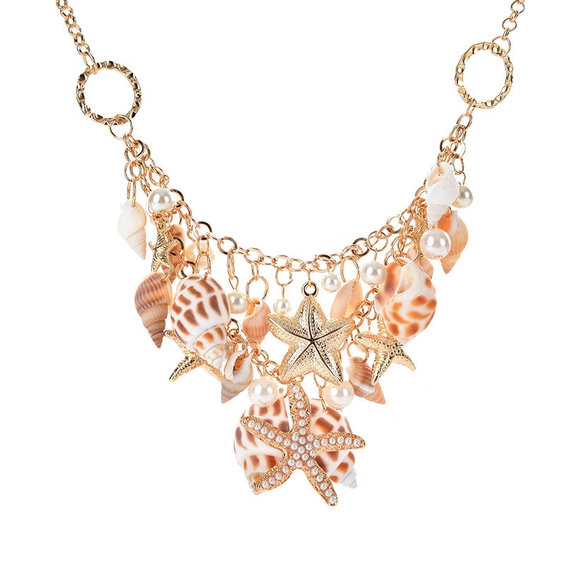 Beach Starfish Conch Alloy Pendant Necklace with Bohemian Shell Bracelet