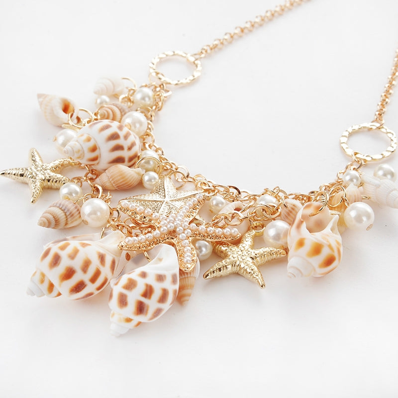 Beach Starfish Conch Alloy Pendant Necklace with Bohemian Shell Bracelet