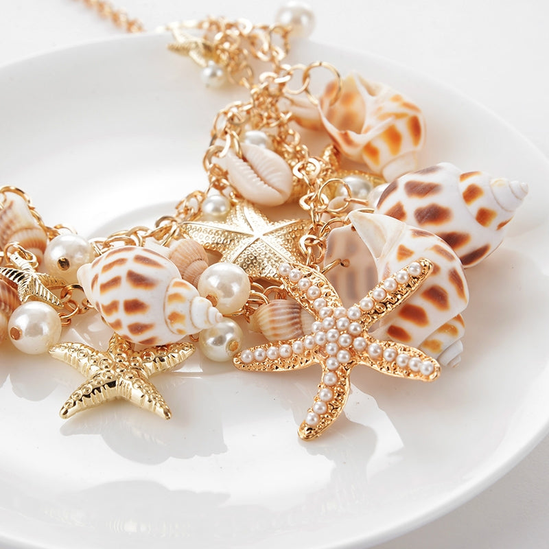 Beach Starfish Conch Alloy Pendant Necklace with Bohemian Shell Bracelet