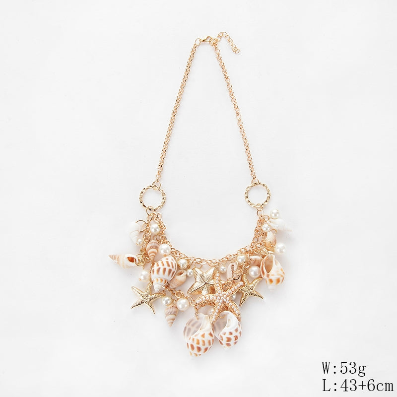 Beach Starfish Conch Alloy Pendant Necklace with Bohemian Shell Bracelet