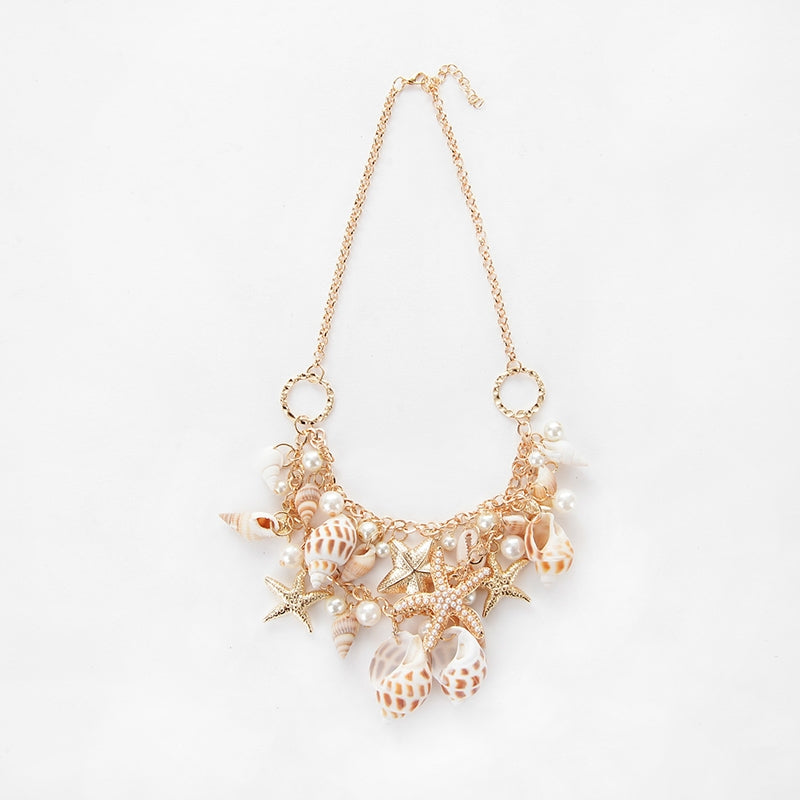 Beach Starfish Conch Alloy Pendant Necklace with Bohemian Shell Bracelet