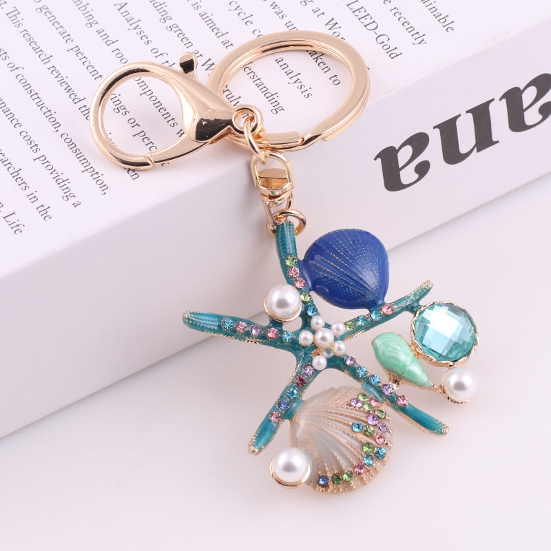 Beach Starfish Shell Rhinestone Pearl Keychain Necklace