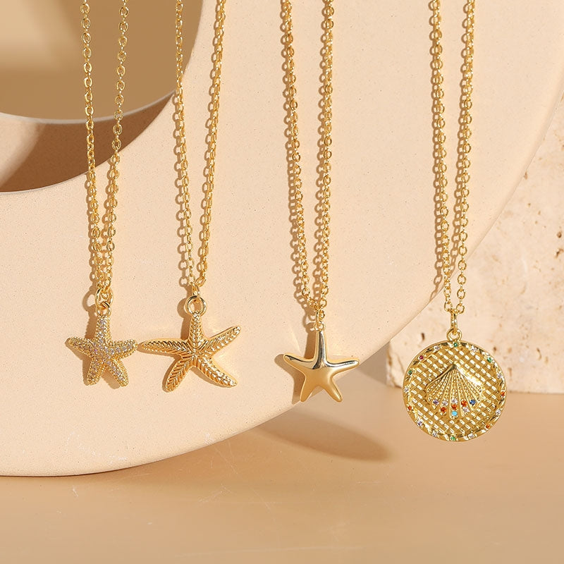 14k Gold Plated Starfish Shell Zircon Pendant Necklace