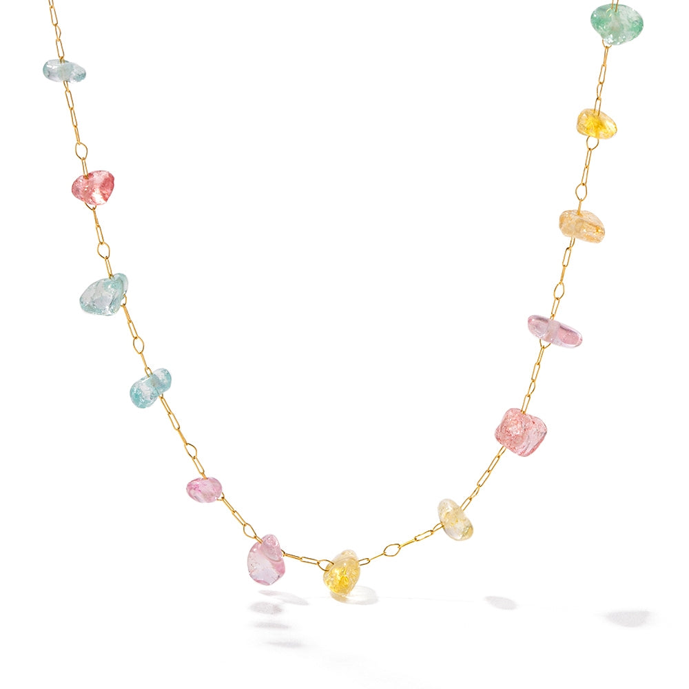 Beach Geometric 18K Gold Plated Stainless Steel Necklace and Colorful Natural Stone Beaded Bracelet Set for Women