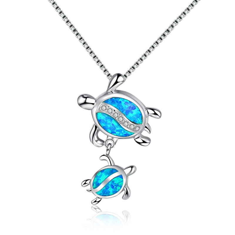 Beach Tortoise Alloy Pendant Necklace with Blue Opal Design