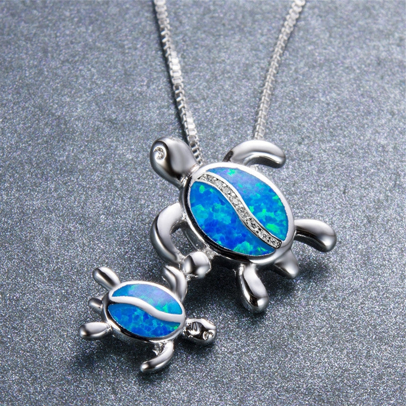 Beach Tortoise Alloy Pendant Necklace with Blue Opal Design